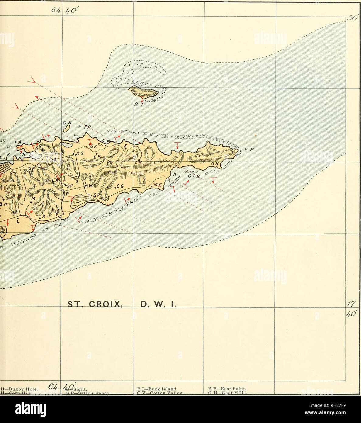 . The building of an island : being a sketch of the geological structure of the Danish West Indian island of St. Croix, or Santa Cruz. Geology -- Virgin Islands of the United States Saint Croix. A—Fort Augusta, h—Christiansted. h L—Christiansted Lagoon. —The Kay. —Shoys. —Bostzburg. H—Lowry Hill, P—St. Peter's. G K—Green Kay Islet and Estate, P P—Pull Point. S G—South Gate. E H—Easthill School. C B—Coakley Bay. S—Solitude.. —Munster. —Springs. —Fareham. —Longford. M W—Mt Washington Estate. P—Petronella. G P—Great Pond. C G—Cotton Grove. M C—Madam Carty. T H—Turner's Hole. G T B—Grape Tree Bay. Stock Photo