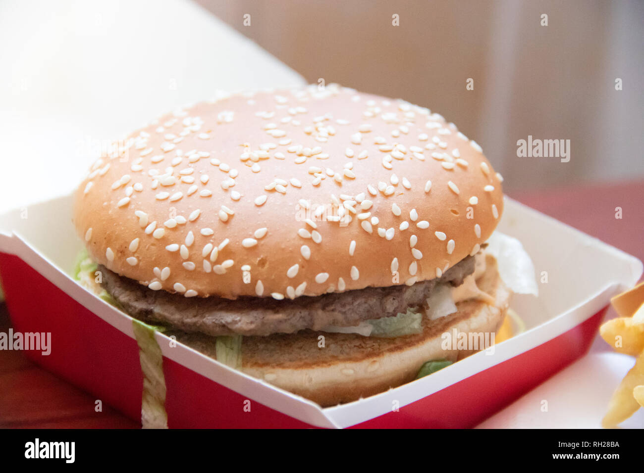 Big Mac and French Fries from McDonalds in Russia. Unhealthy food