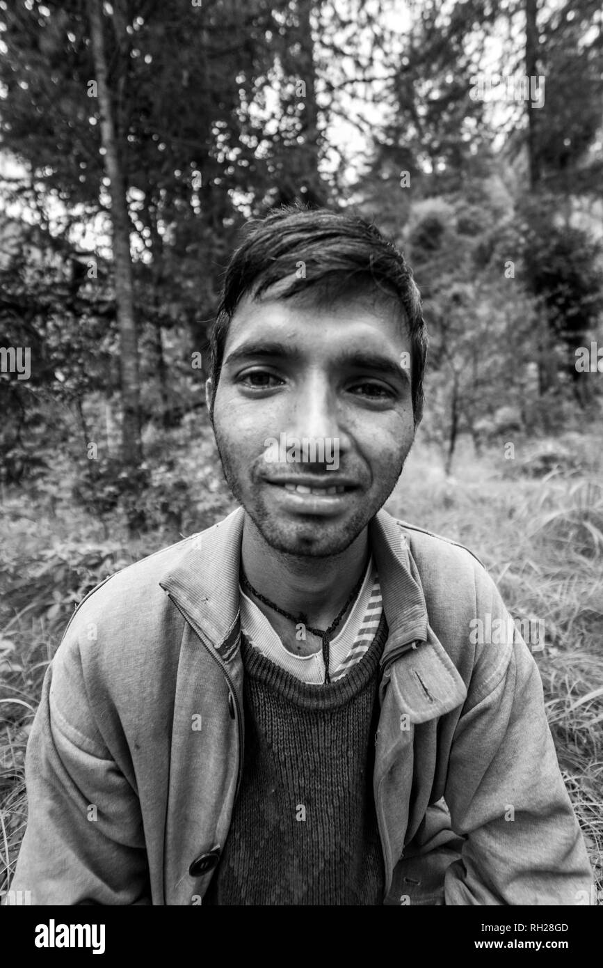 Kullu, Himachal Pradesh, India - August 09, 2018 : Portrait of himalayan boy in sainj, India Stock Photo