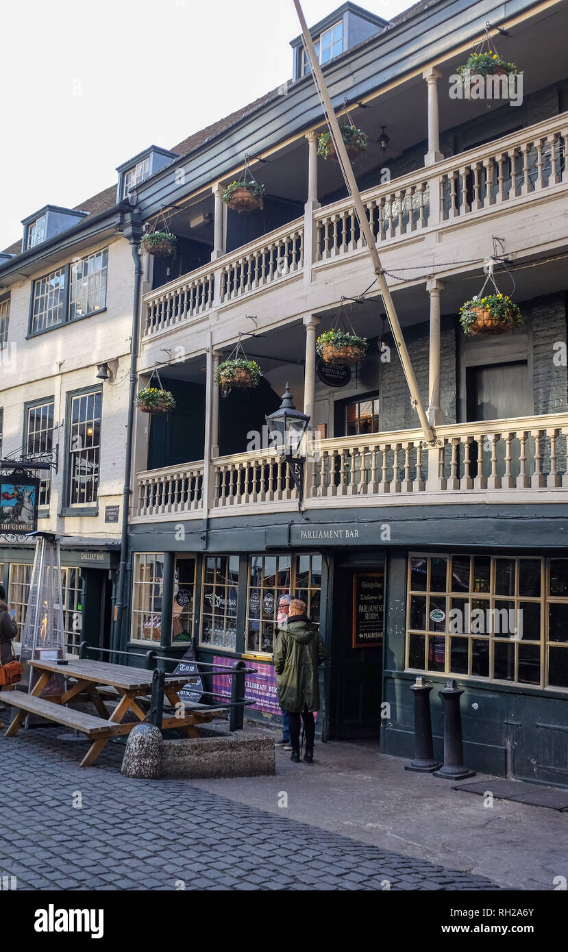 The famous George Inn pub off Borough High Street in Southwark London UK It's a 17th-century coaching inn and pub and the last remaining galleried inn Stock Photo