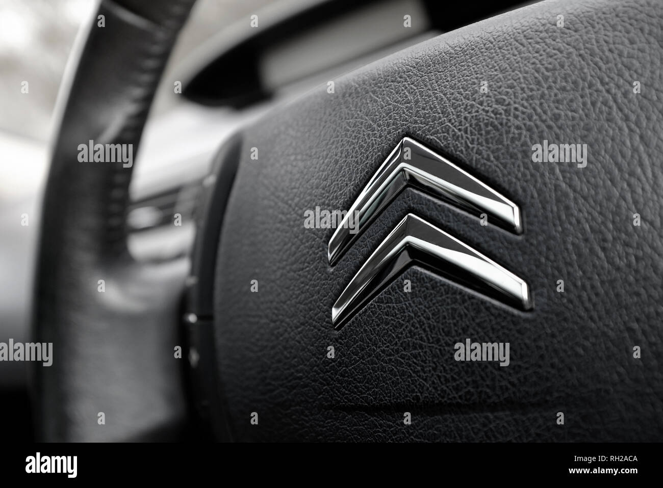 citroen logo on car steering wheel Stock Photo