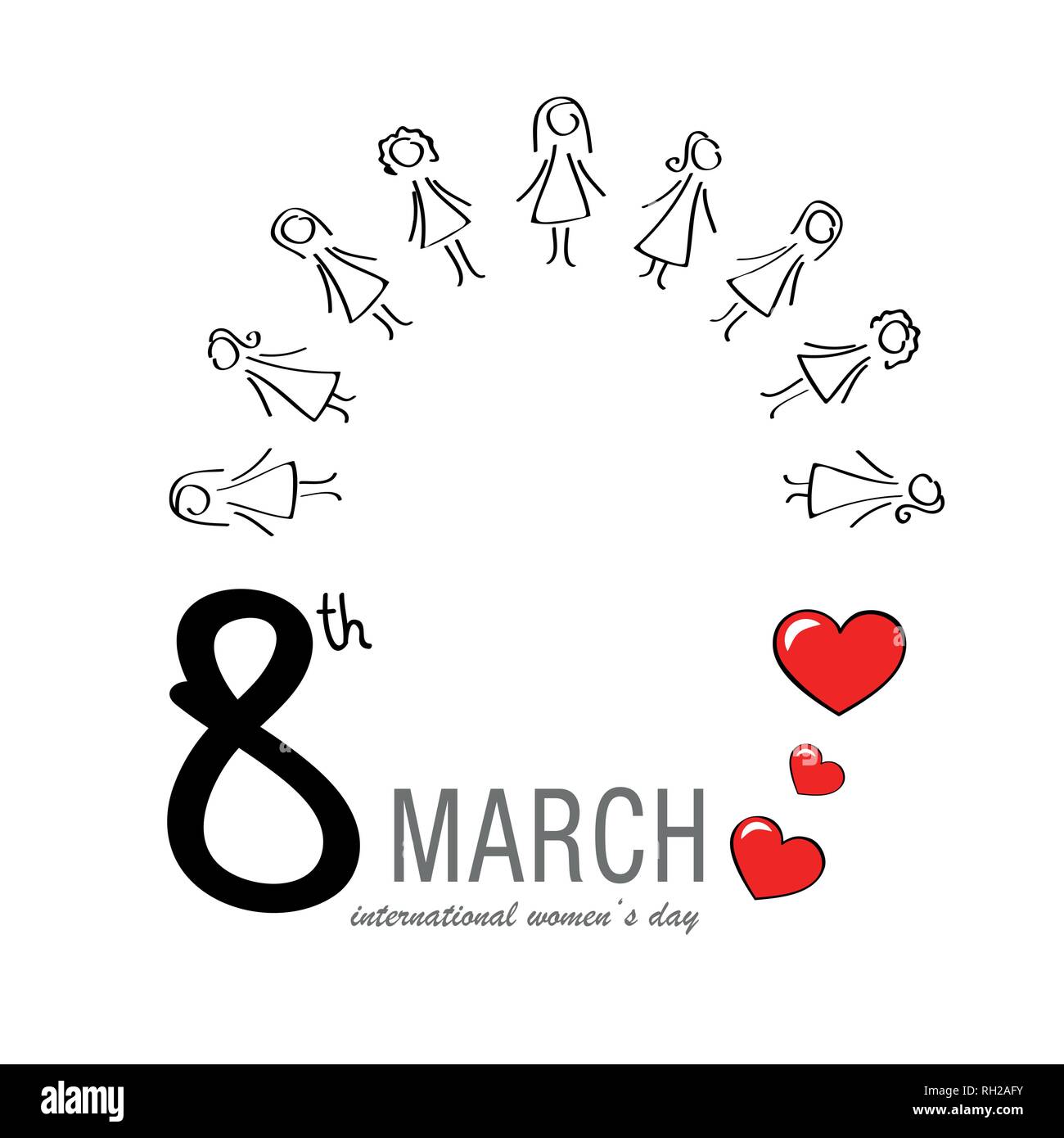 international women's day 8th march womans group and red hearts vector illustration EPS10 Stock Vector
