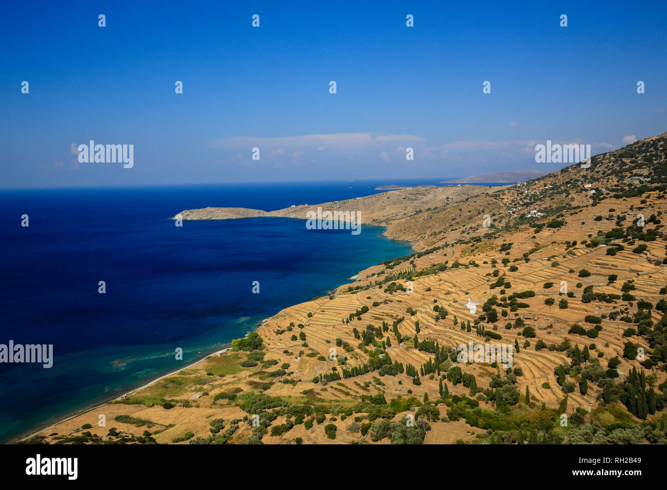 Island Andros, Cyclades, Greece - coastal landscape towards Kalamaki in the southwest of the island. Insel Andros, Kykladen, Griechenland - Kuestenlan Stock Photo
