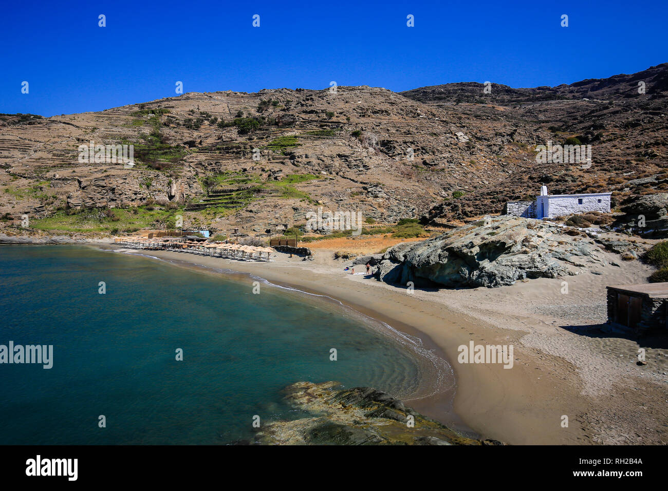 Island Andros, Cyclades, Greece - Beach Chalkolimionas in the southwest of the island.  Insel Andros, Kykladen, Griechenland - Strand Chalkolimionas i Stock Photo