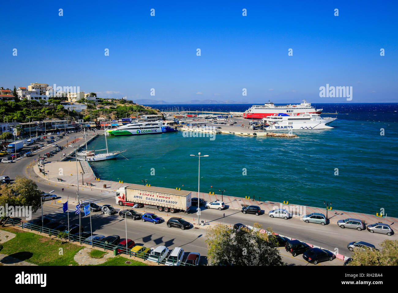 Rafina, Attica, Greece - Seajets and Fast Ferries ferries are waiting in the port of Rafina for the crossing to the Cyclades Islands.  Rafina, Attika, Stock Photo