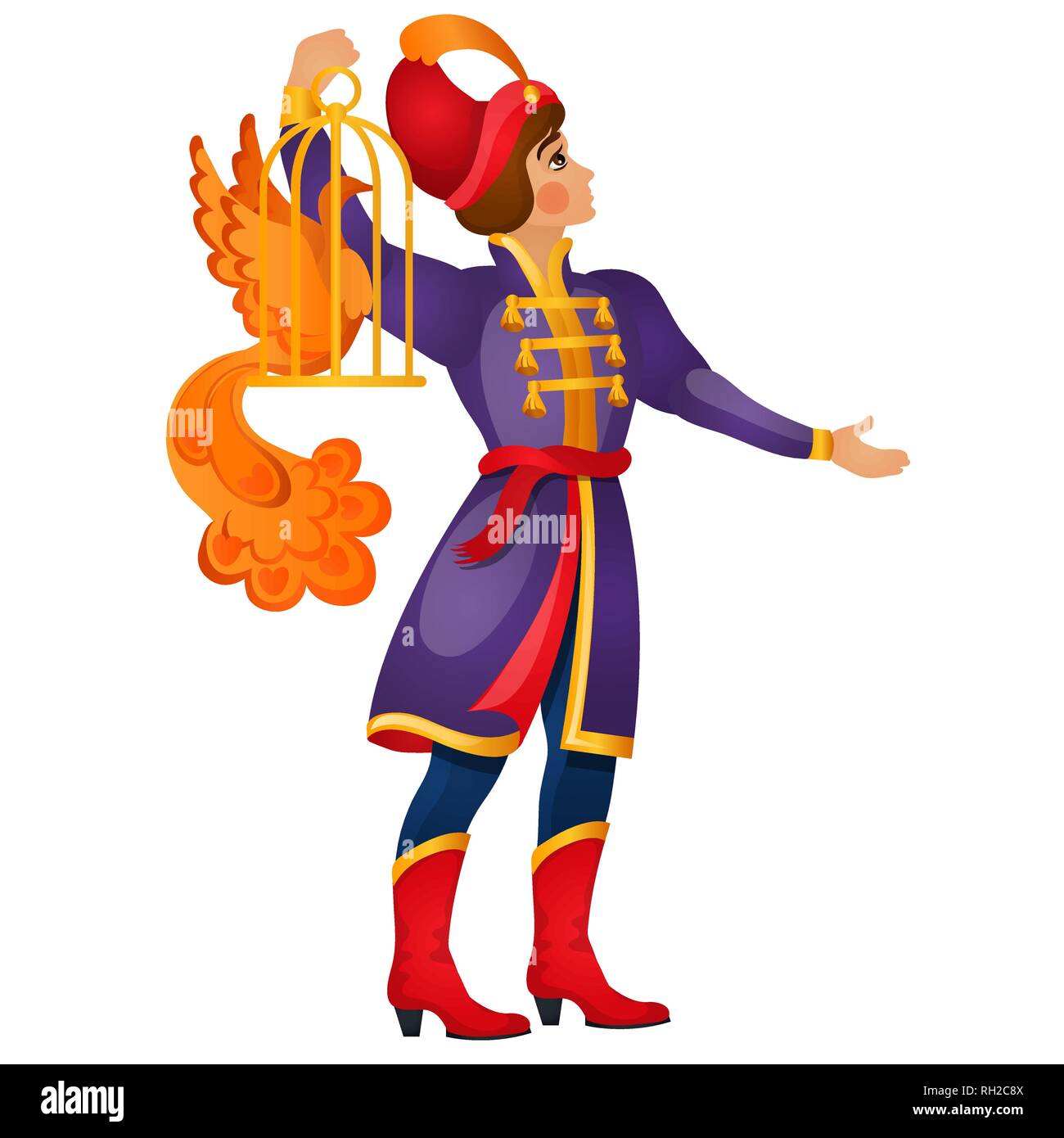 A young fairy tale man carries a fiery bird in a cage isolated on white background. Vector cartoon close-up illustration. Stock Vector