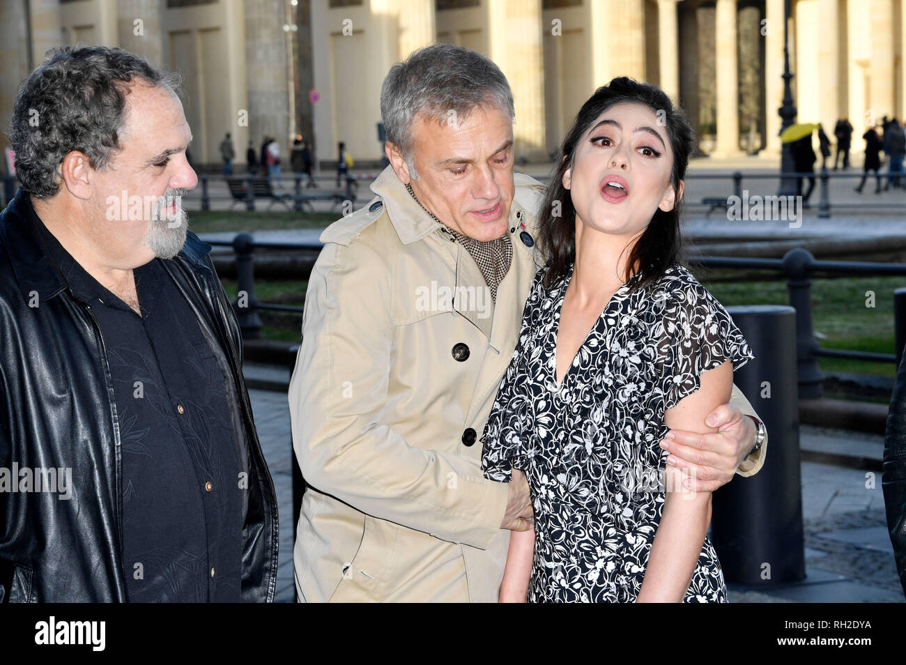 Jon Landau, Christoph Waltz and Rosa Salazar attending the 'Alita Battle Angel' photo call in front of the Brandenburg Gate on January 30, 2019 in Berlin, Germany. Stock Photo