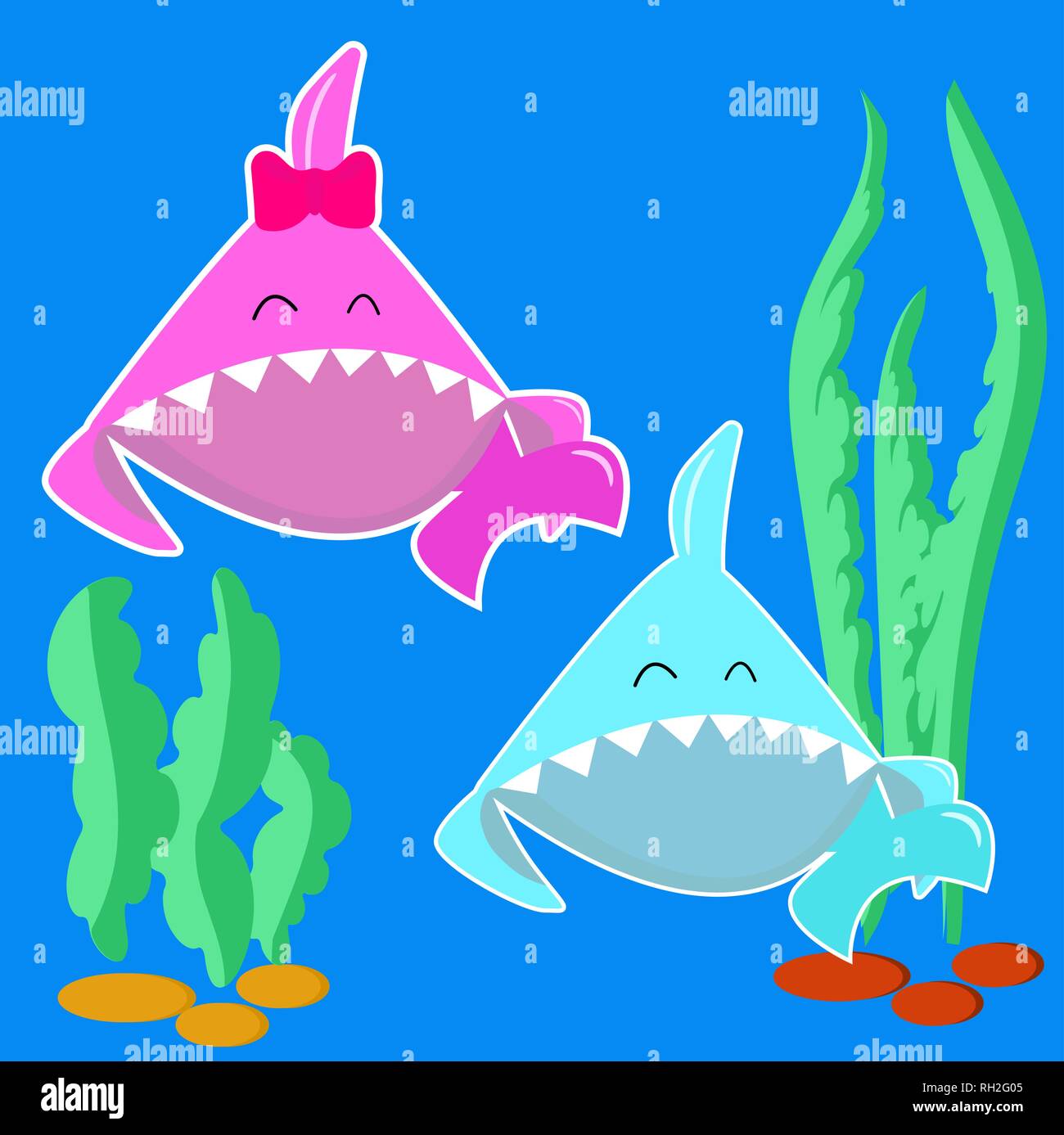 Blue Baby shark boy and pink baby shark girl. cartoon fish character isolated on light background. Stiker for kid party. Vector illustration eps10 Stock Vector