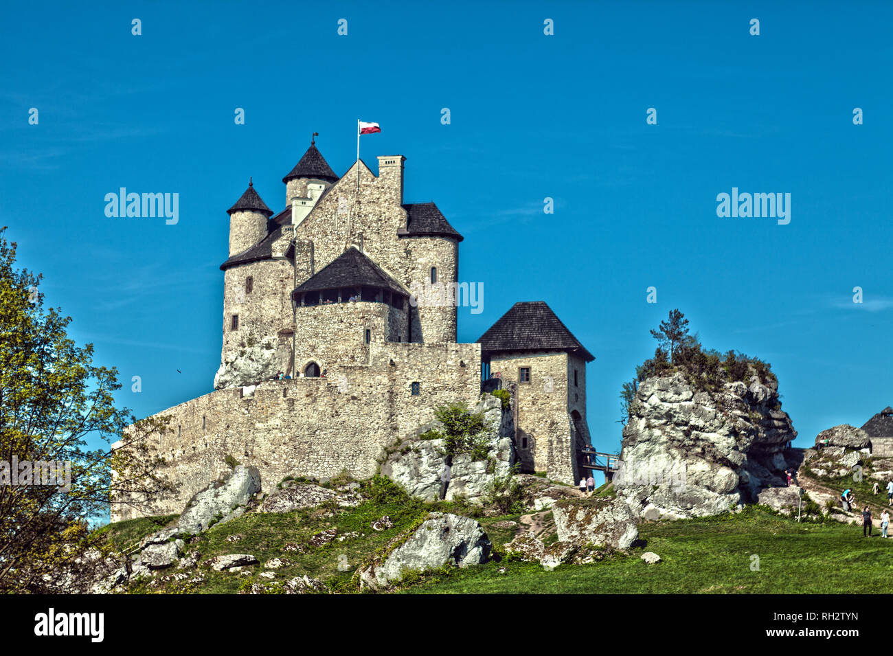 BOBOLICE, POLAND - APRIL 28, 2018: Gothic castle and hotel in Bobolice, Poland. Castle in the village of Bobolice, Jura Krakowsko-Czestochowska. Built Stock Photo