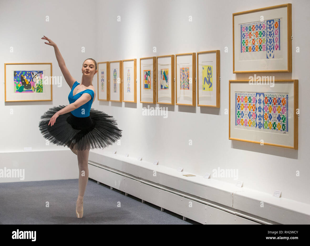 Aimee Casey from the Elmhurst Ballet School in front of lithographic reproductions by Matisse produced during the last years of his life and the same technique he used while working on Diaghilev's Ballet Russes on display at the Drawing with Scissors exhibition at Worcester City Art Gallery and Museums. Stock Photo