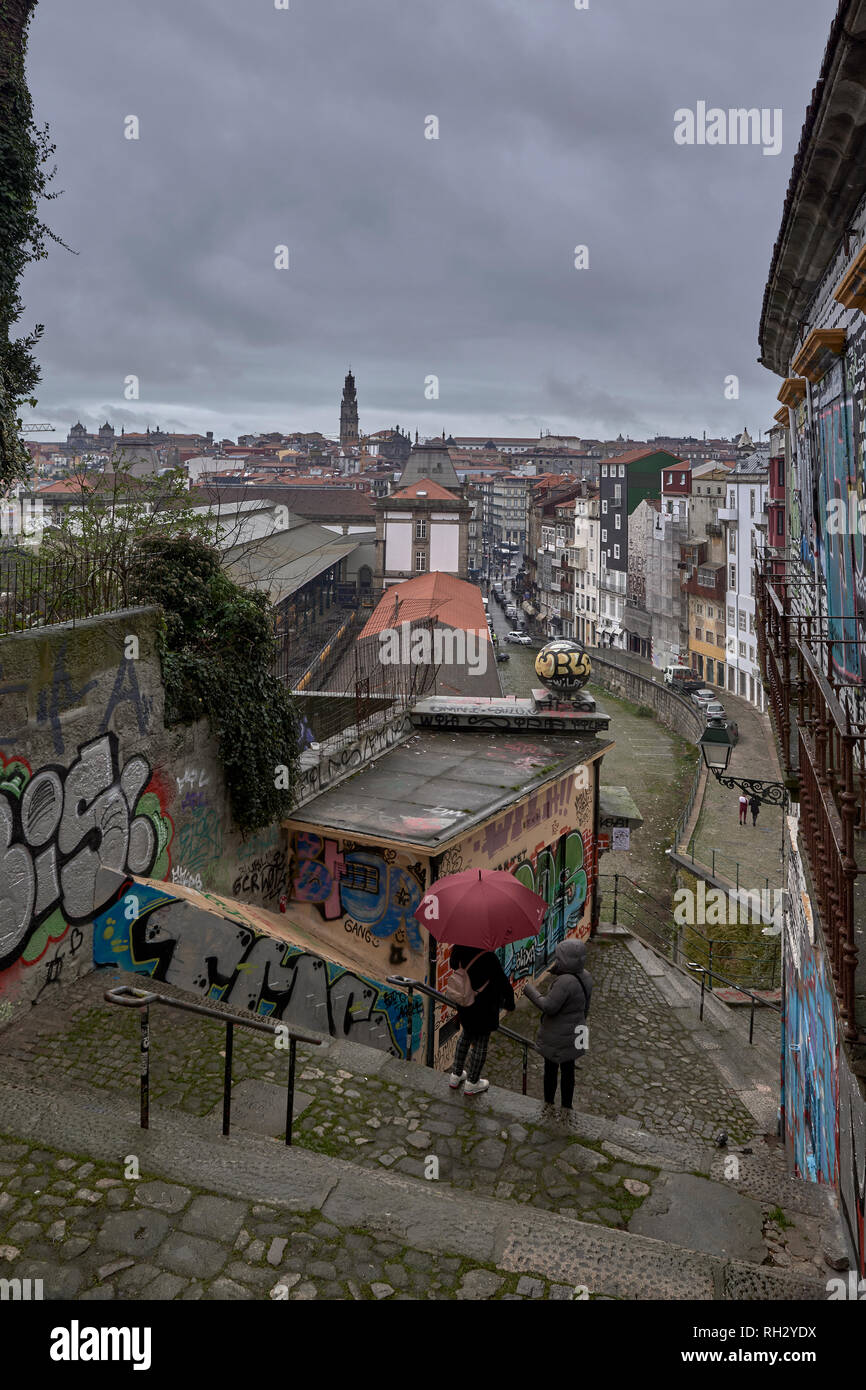 Rear view of san bento station with the Clérigos tower in the background in the city of Porto, Portugal, Europe Stock Photo