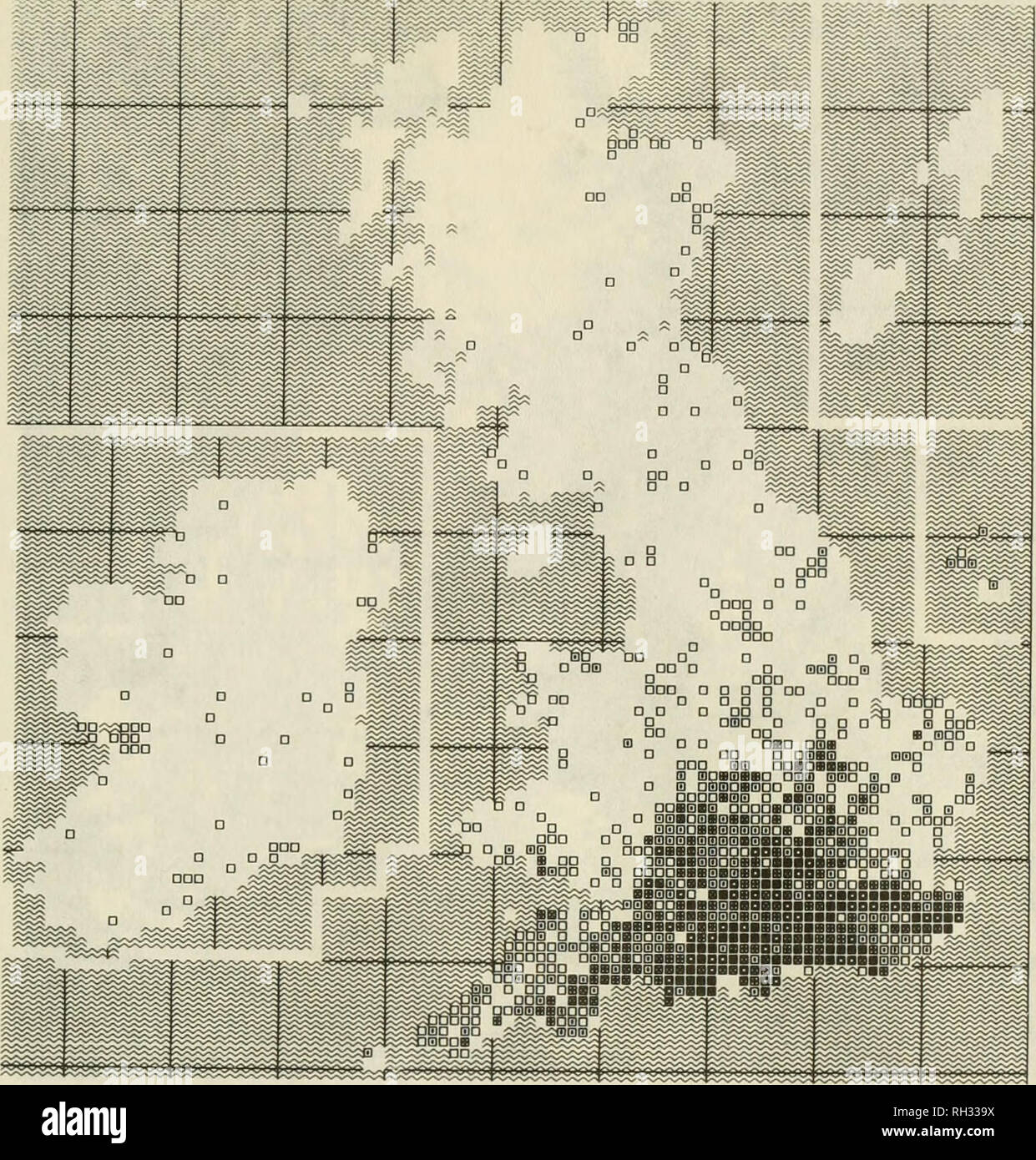 . British journal of entomology and natural history. Natural history; Entomology. BR. J. ENT. NAT. HIST.. 2: 1989. Fig. 4. 10 km sq map showing the number of the eight butterfly species in &quot;risk&quot; categories 0 to 2 for which there is a post-1969 record. For symbols see Fig. 1 A number of other predictions follow from the hypothesis of a causal link between the decline of woodland and scrub-habitat butterflies whose immature stages exist at ground level and predation by pheasants. The following three predictions could be tested quite simply and would serve to confirm or reject the hypo Stock Photo