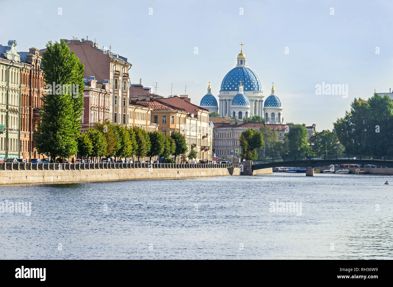Saint Petersburg, Russia -  September 9, 2018: Fontanka river embankment, the English Bridge and the Trinity Cathedral, sometimes called the Troitsky  Stock Photo