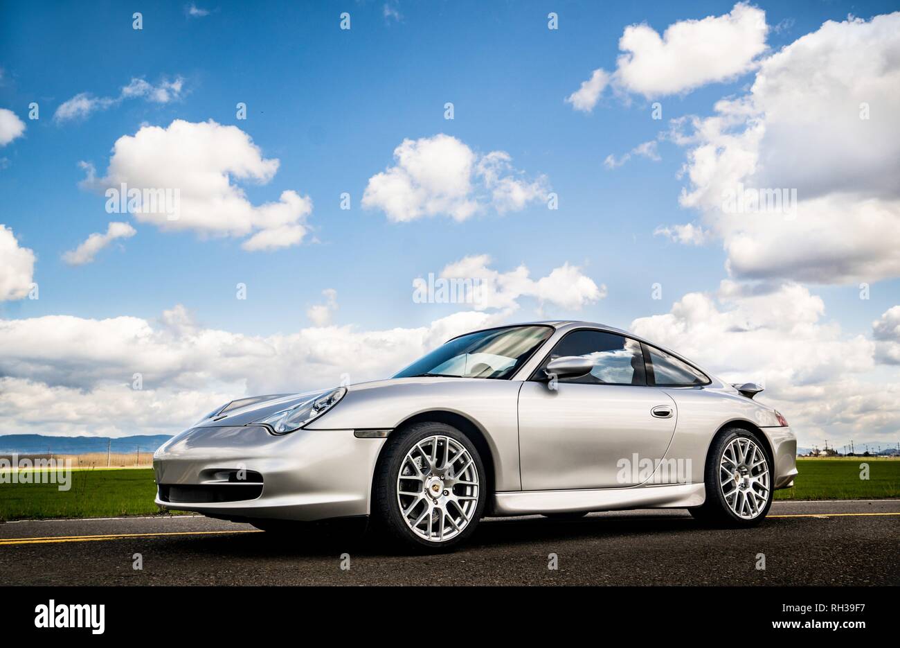 April 2, 2018 Eugene Oregon A silver Porsche 911 body style 996 sits