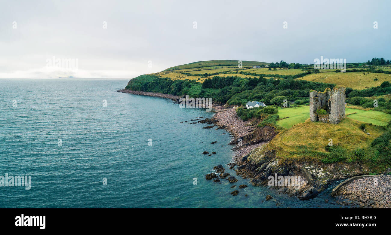 Aerial panorama of the Minard Castle situated on the Dingle Peninsula in Ireland Stock Photo