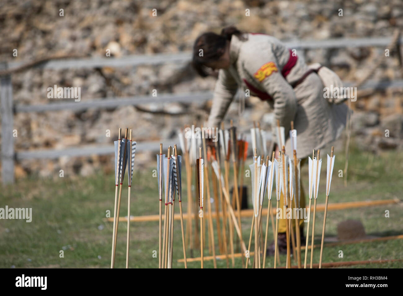 Arrows used during a medieval English longbow demonstration at the 'Soldiers Through the Ages' event at Castle Rising. Stock Photo