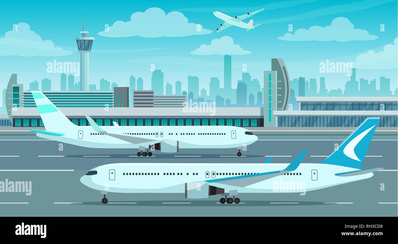 Airport Terminal building and airplanes on runway Stock Vector