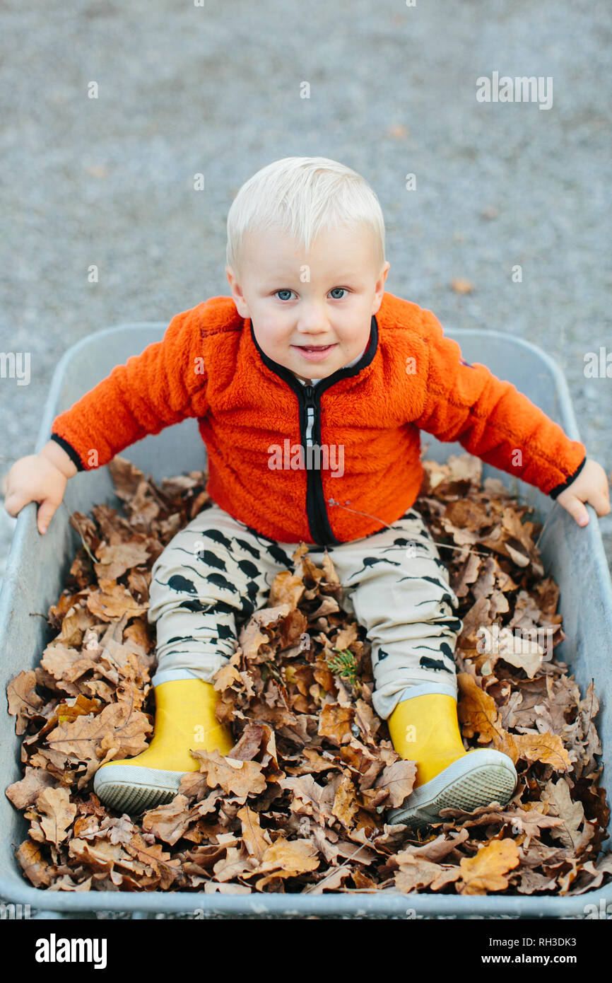 Boy sitting on fallen leaves Stock Photo