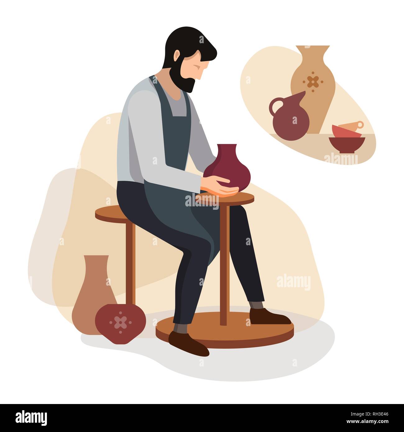 Master potter makes a clay vase. Vector illustration of the work of a  pottery artisan. Pottery workshop poster. A happy potter making a ceramic  pot on the pottery wheel in the workshop