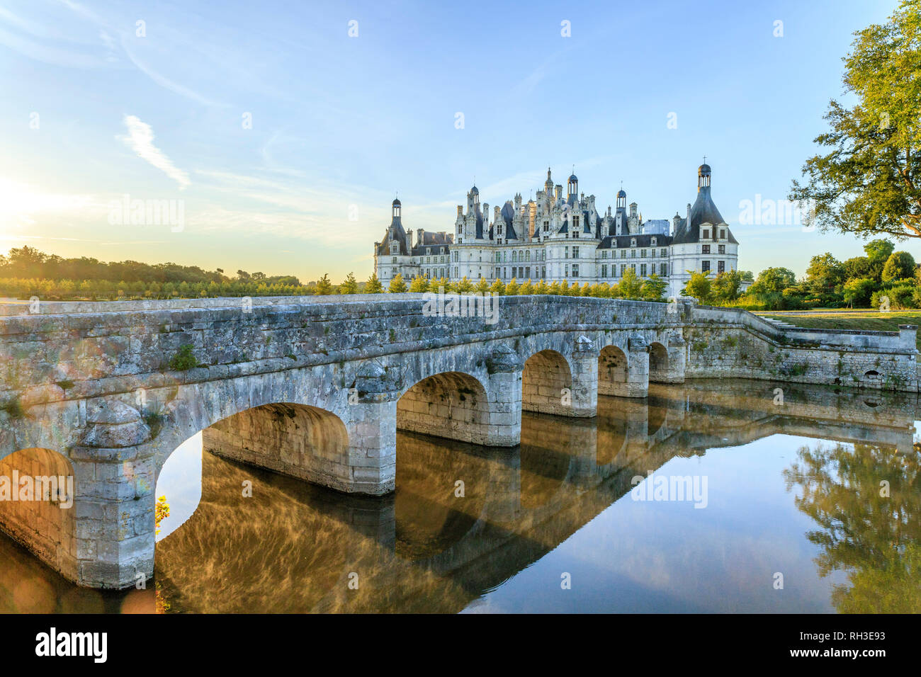 France, Loir et Cher, Chambord, Chambord castle and bridge over the Cosson // France, Loire-et-Cher (41),Chambord, château de Chambord, la façade nor Stock Photo