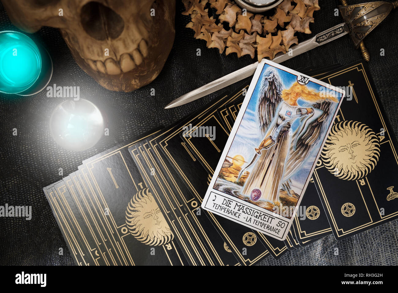 View of tarot card on the table. The Temperance. Stock Photo