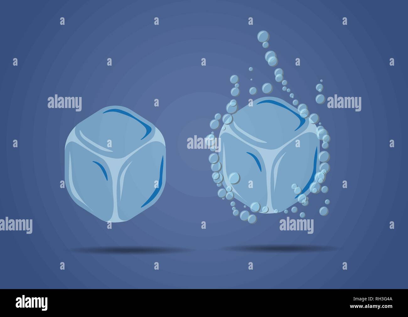 Ice cubes and cubes with bubbles vector illustration on blue background ...