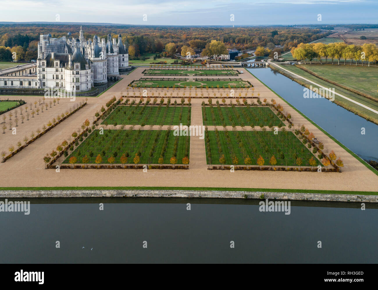 France, Loir et Cher, Chambord, Chambord castle in autumn, the French formal garden or the jardin a la française, square with wild cherry (Prunus aviu Stock Photo