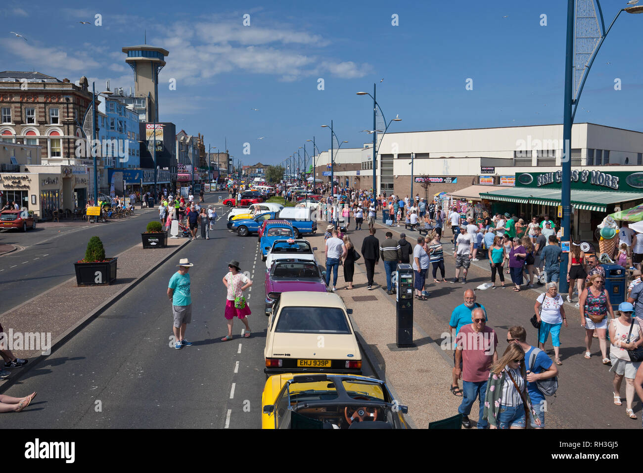 Classic motors on display along Great Yarmouth's Marine Parade during Centre 81's annual classic car & bike show. Stock Photo