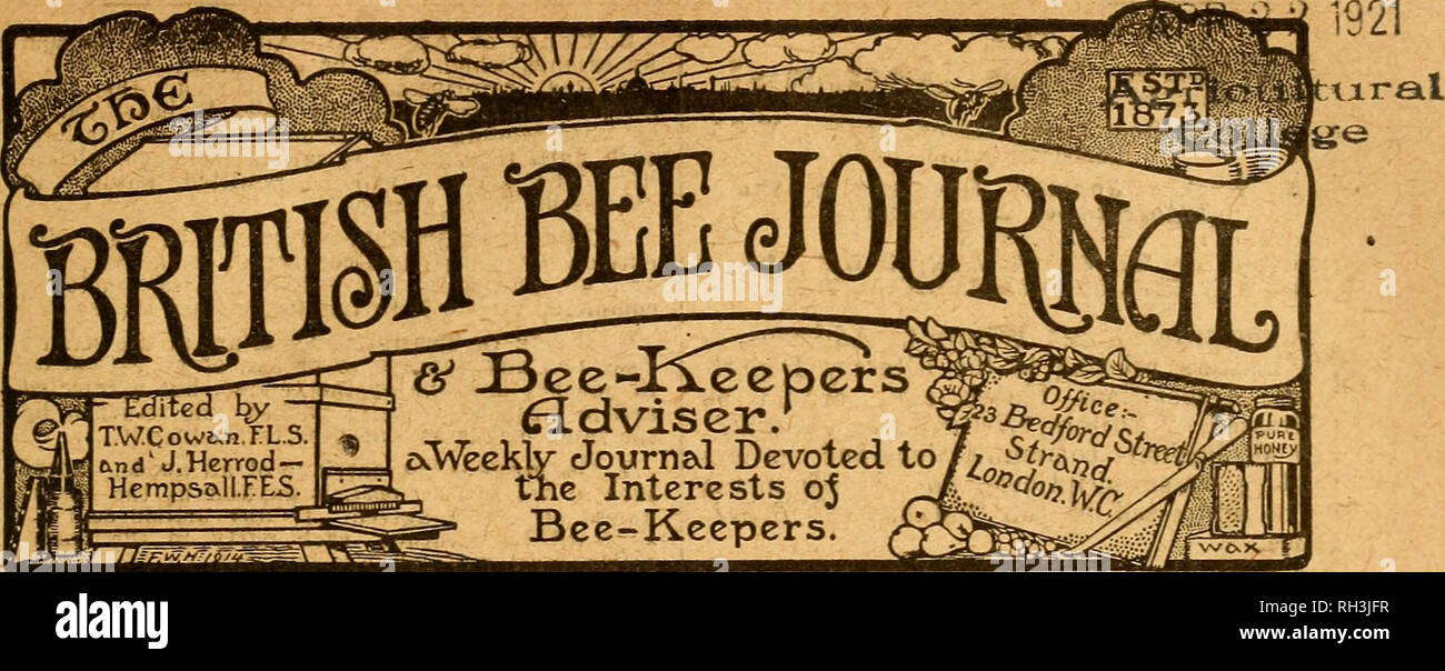 . British bee journal &amp; bee-keepers adviser. Bees. British Bei Jottbicai. and Bei-kkbpers' Adtiber. July 29, 1920. ILIBT^AI^ir of tlie 1921. â ^Edited by TW.Cow&amp;.n.rL.S, ftnd'J.Herrodâ Hempaall.FES. M &amp; Bee-Keepers Adviser/ cxWeekV JourneJ Devoted to tnc Interests oj Bee-Keepers. No. 1988. Vol. XLVIII JULY 29, 1920. {Published every Thursday, Price 2d. CO m^o^e: iÂ«^rr s. PAQE Seasonable Hints 361 Jottings raoM Htjntingdonshiee 361 EnKCOKN Notes 362 Sugar foe Bee Food 363 A Handy Apiaey 364 Carmaethens. B.K.A 365 guildfoed and disieict b.e.a 365 Great Totham Cottage Garden Soeien S Stock Photo