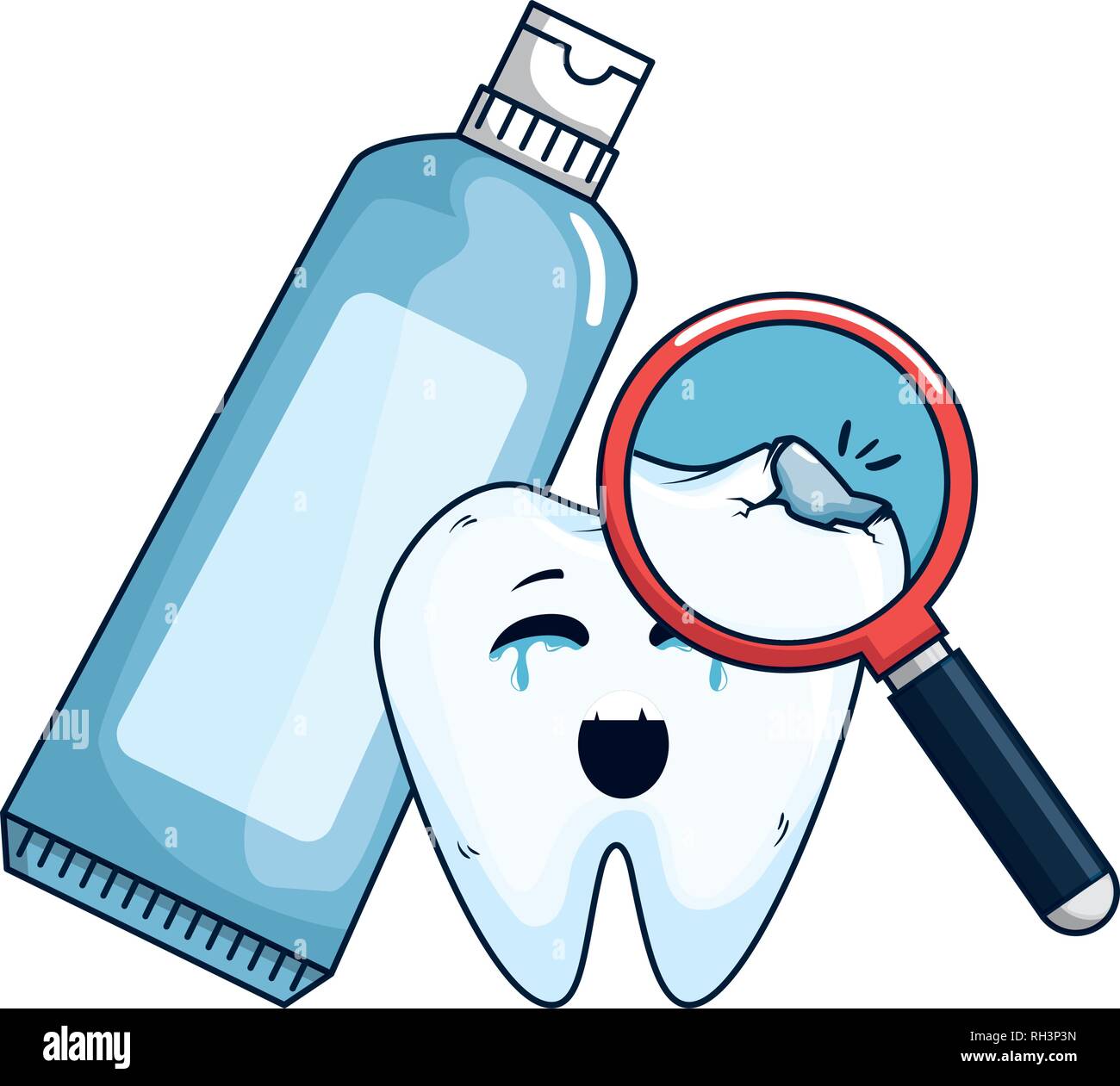comic tooth with toothpaste and magnifying glass Stock Vector Image