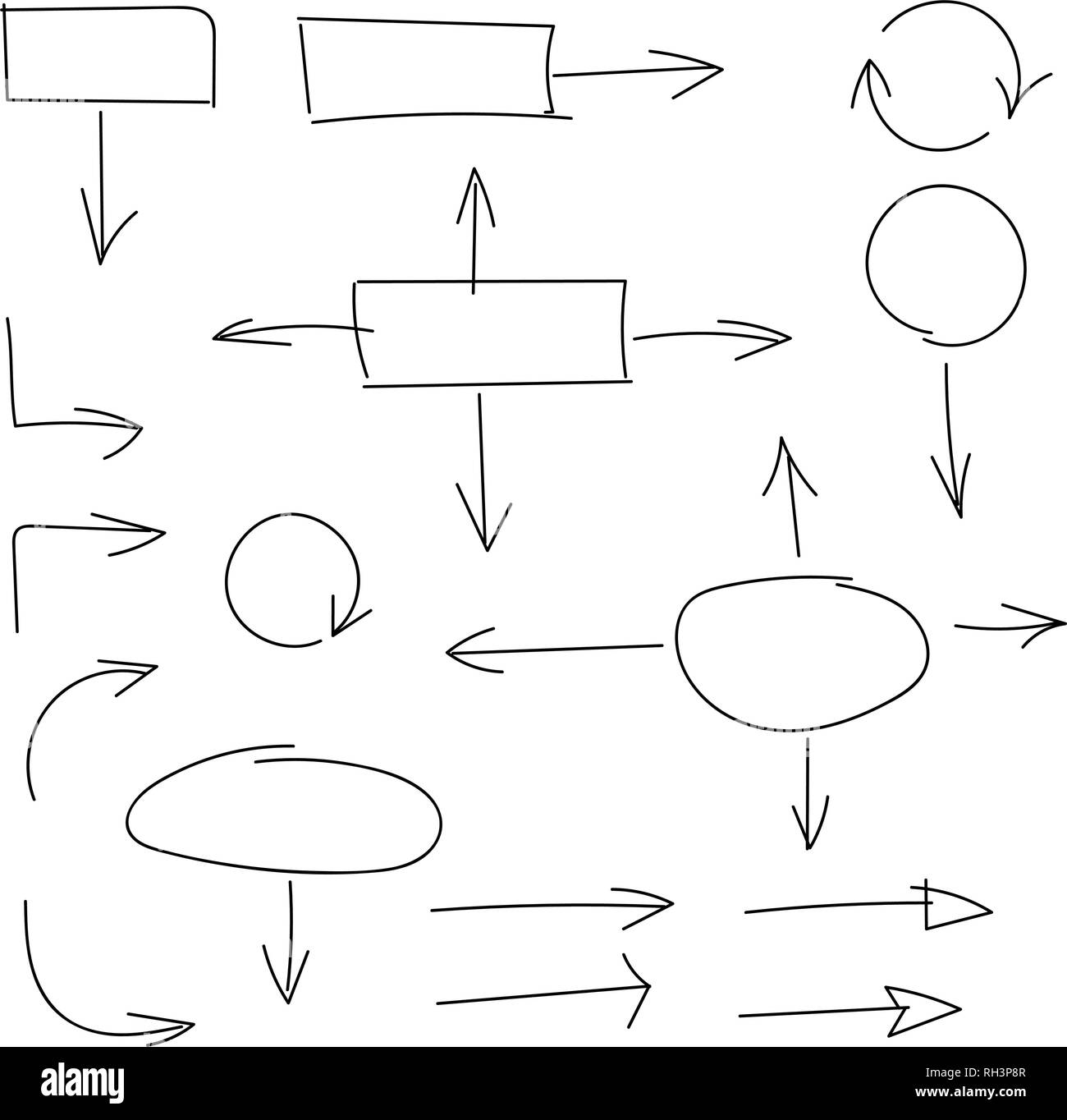 Black Hand drawn set of arrows and block schemes, vector illustration. Different arrows, charts Stock Vector