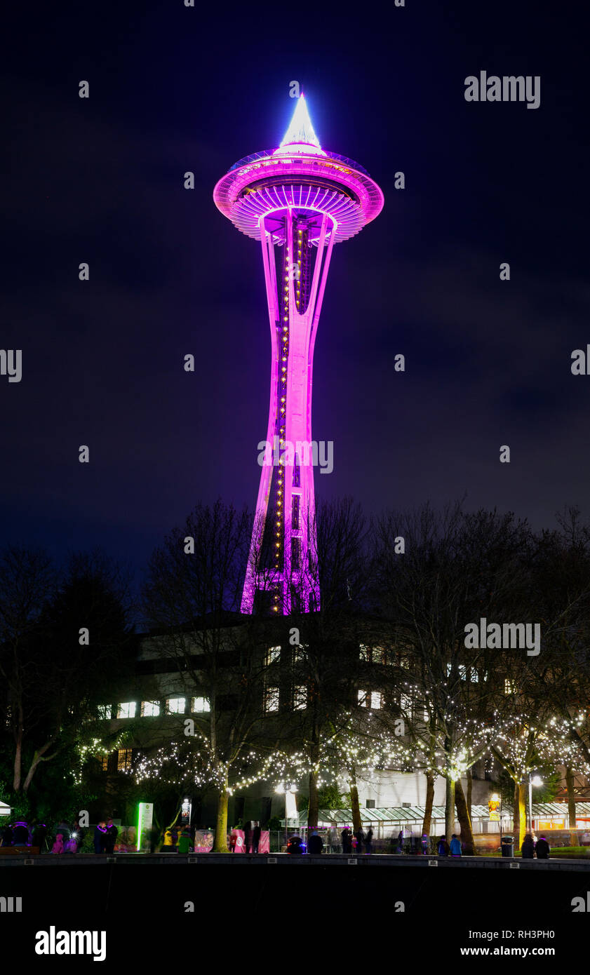 WA17058-00...WASHINGTON - The Seattle Space Needle with lights on for New Years 2018. Stock Photo