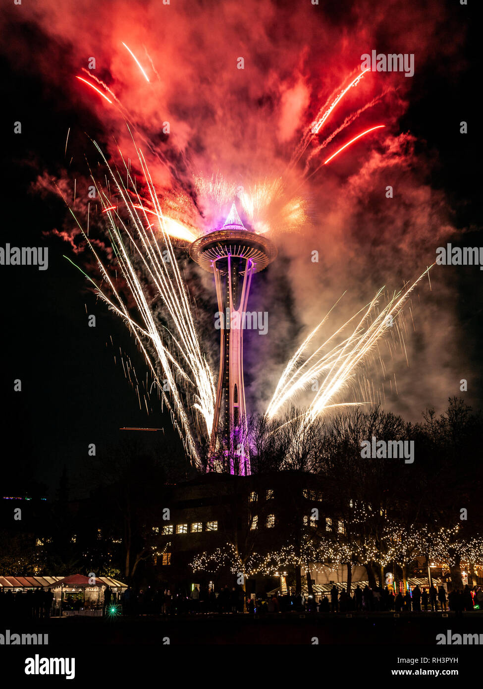 WA17065-00...WASHINGTON -  The Space Needle in the Seattle Center on New Years Eve 2018. Stock Photo