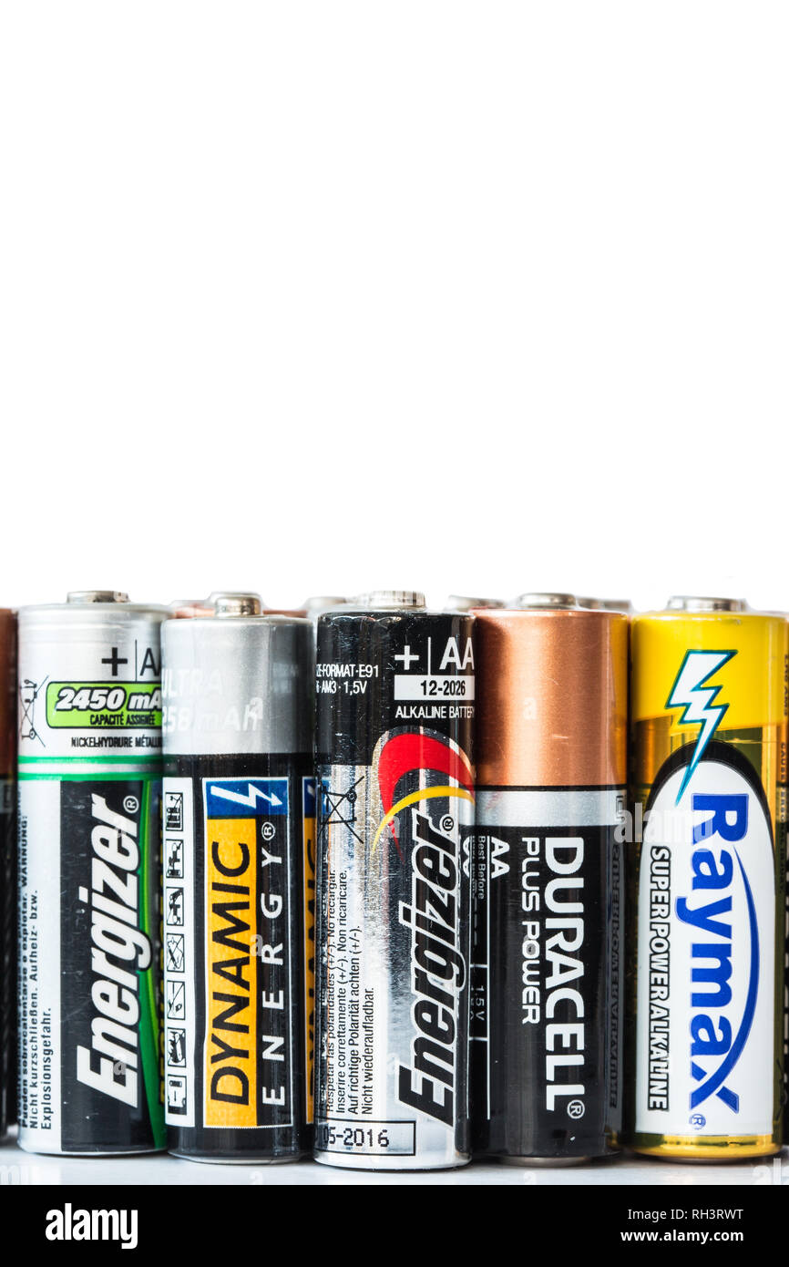 SELBY, UK - JANUARY 30, 2019. A close up of an assortment of disposable and  rechargeable batteries of various brands on an isolated white background w  Stock Photo - Alamy