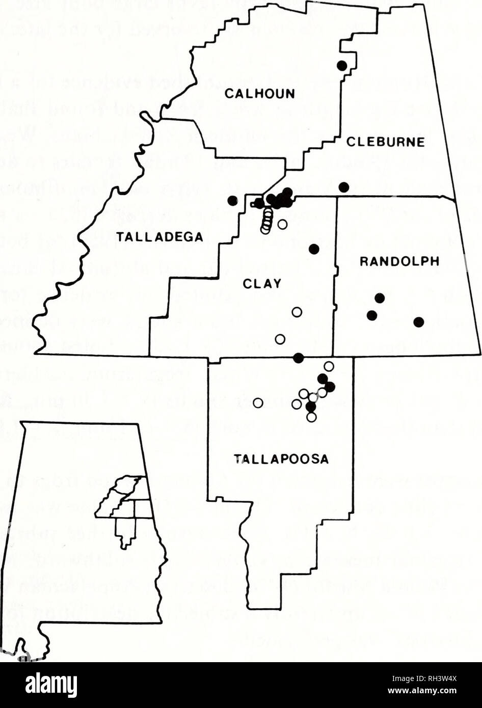 . Brimleyana. Zoology; Ecology; Natural history. Wood Frog Life History 33. Fig. 1. Known Alabama localities for Rana sylvatica determined during this study. Open circles represent breeding localities; inset shows position in the state of counties from which R. sylvatica is recorded. Adult Characteristics Snout-vent lengths of adult male wood frogs in Alabama averaged 50.0 mm (SD = 5.5, N = 20), and adult females averaged 60.0 mm (SD = 3.16, N = 18). These values are smaller than those given by Martof and Humphries (1959) for wood frogs in northern Georgia and western North Carolina (males: x  Stock Photo