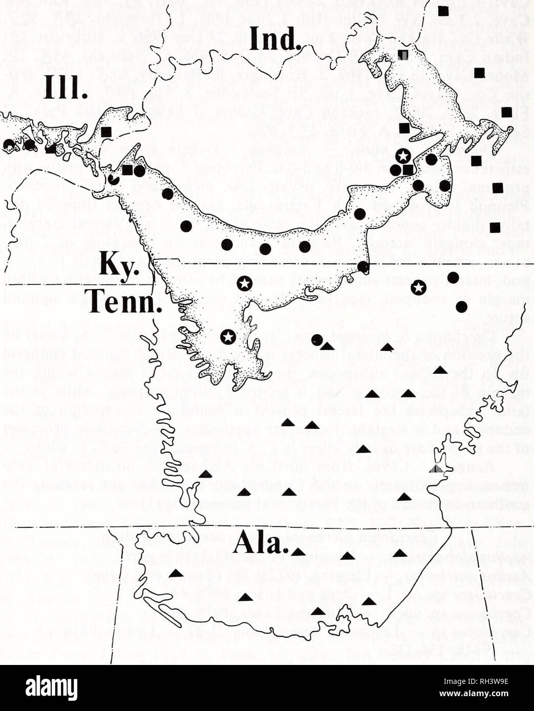 . Brimleyana. Zoology; Ecology; Natural history. 68 Julian J. Lewis. Fig. 1. Distribution of the troglobitic Caecidotea of the southern Interior Low Plateaus: Caecidotea bicrenata bicrenata (triangles); Caecidotea bicrenata whitei (solid circles); Caecidotea bicrenata unidentified subspecies, lacking lateral pro- cess on second pleopod endopod tip (stars); Caecidotea stygia (squares). The stippled region, which comprises most of the range of C. b. whitei, is the Penny- royal Plateau.. Please note that these images are extracted from scanned page images that may have been digitally enhanced for Stock Photo