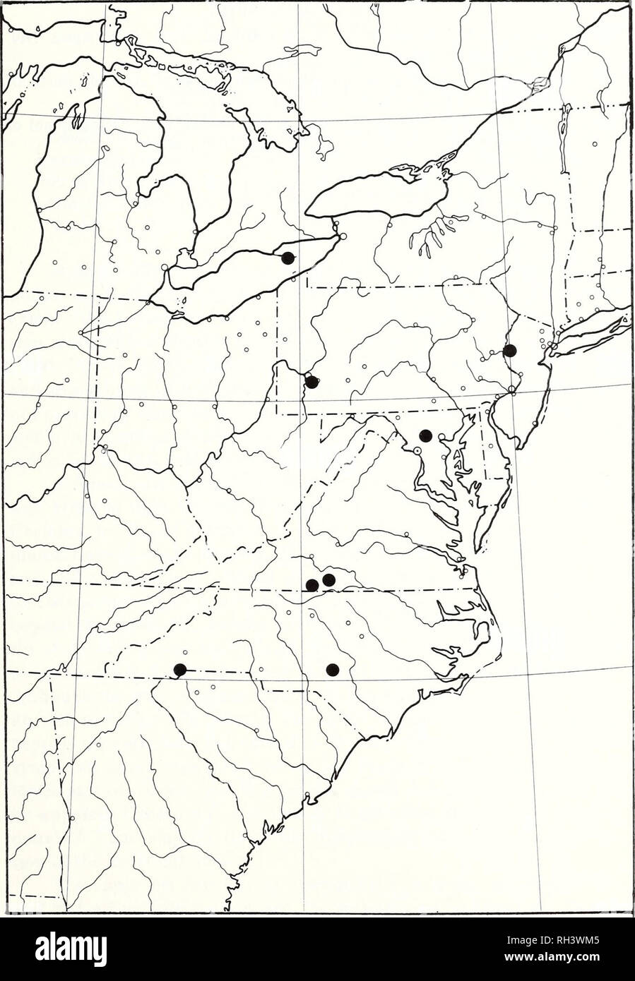 . Brimleyana. Zoology; Ecology; Natural history. Bembidion Distribution 149. Fig. 2. Known localities for Bembidion plagiatum in eastern North America. The spot for Maryland is arbitrarily centered in the state as the specimen it represents lacks precise data.. Please note that these images are extracted from scanned page images that may have been digitally enhanced for readability - coloration and appearance of these illustrations may not perfectly resemble the original work.. North Carolina State Museum of Natural History. [Raleigh, NC : North Carolina State Museum of Natural History] Stock Photo