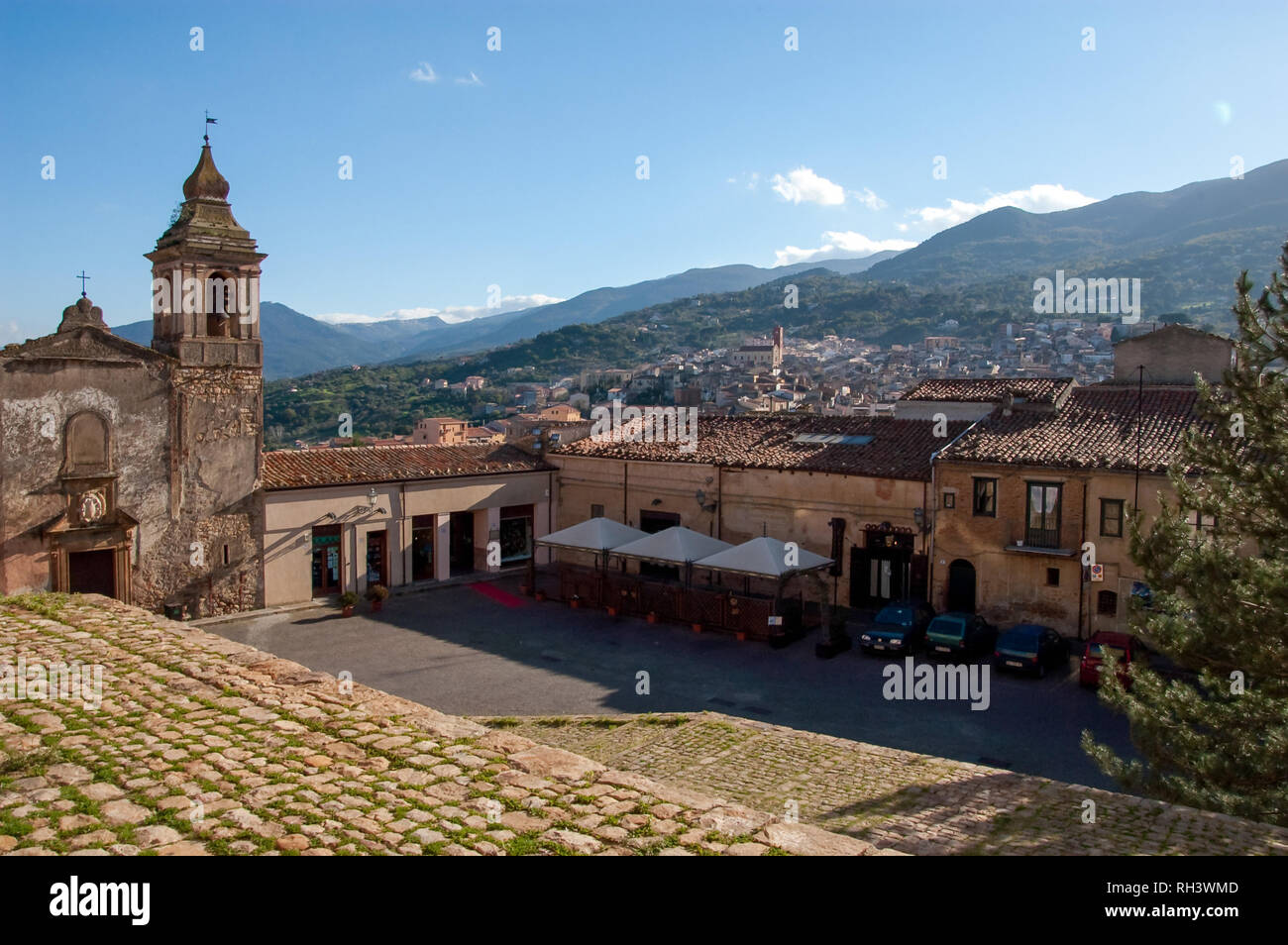 View of the small town of Castelbuono, Palermo, Sicily, from Piazza Castello. Stock Photo