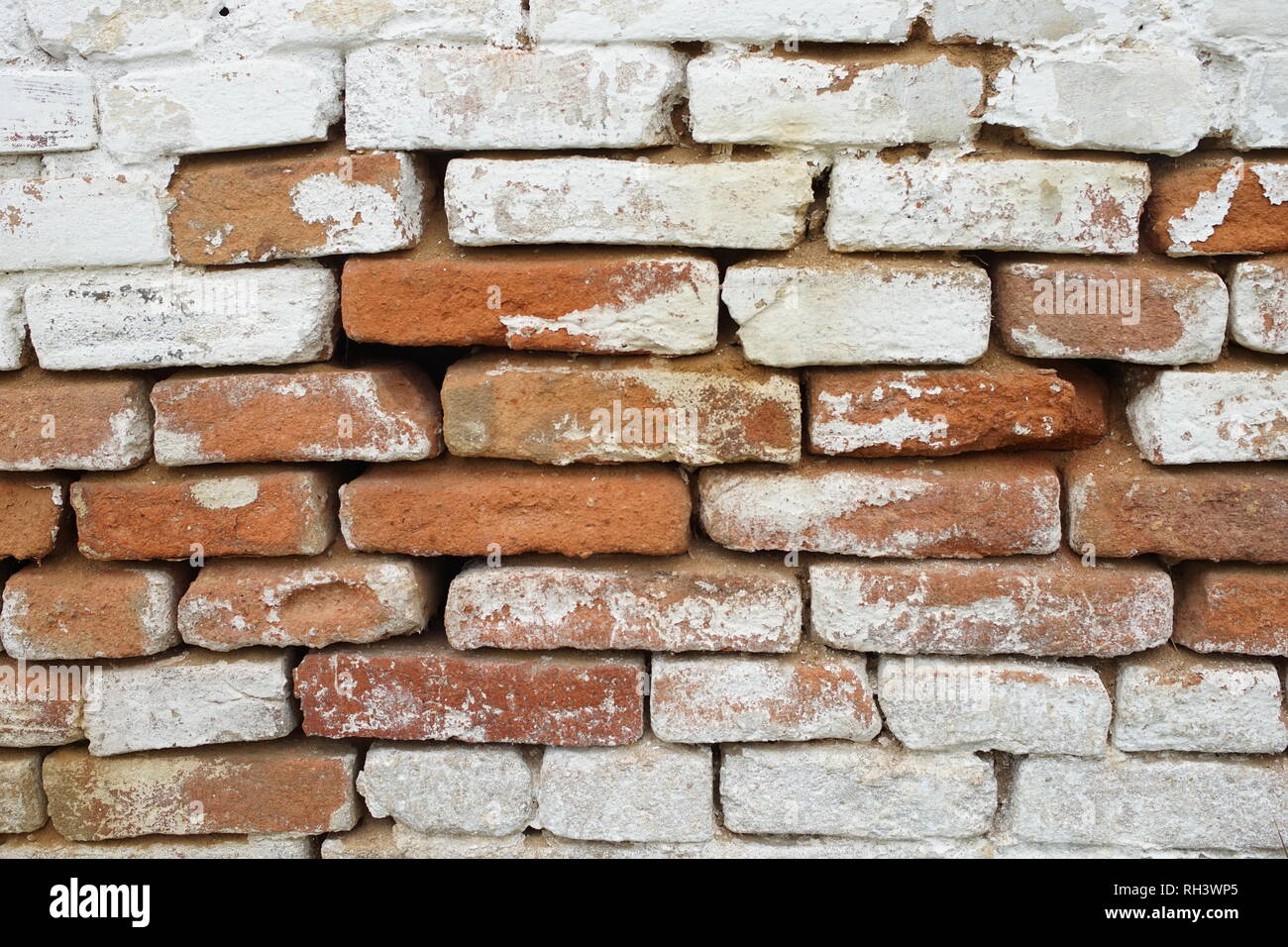 Brick wall with large gaps between bricks with shabby whitewash Stock