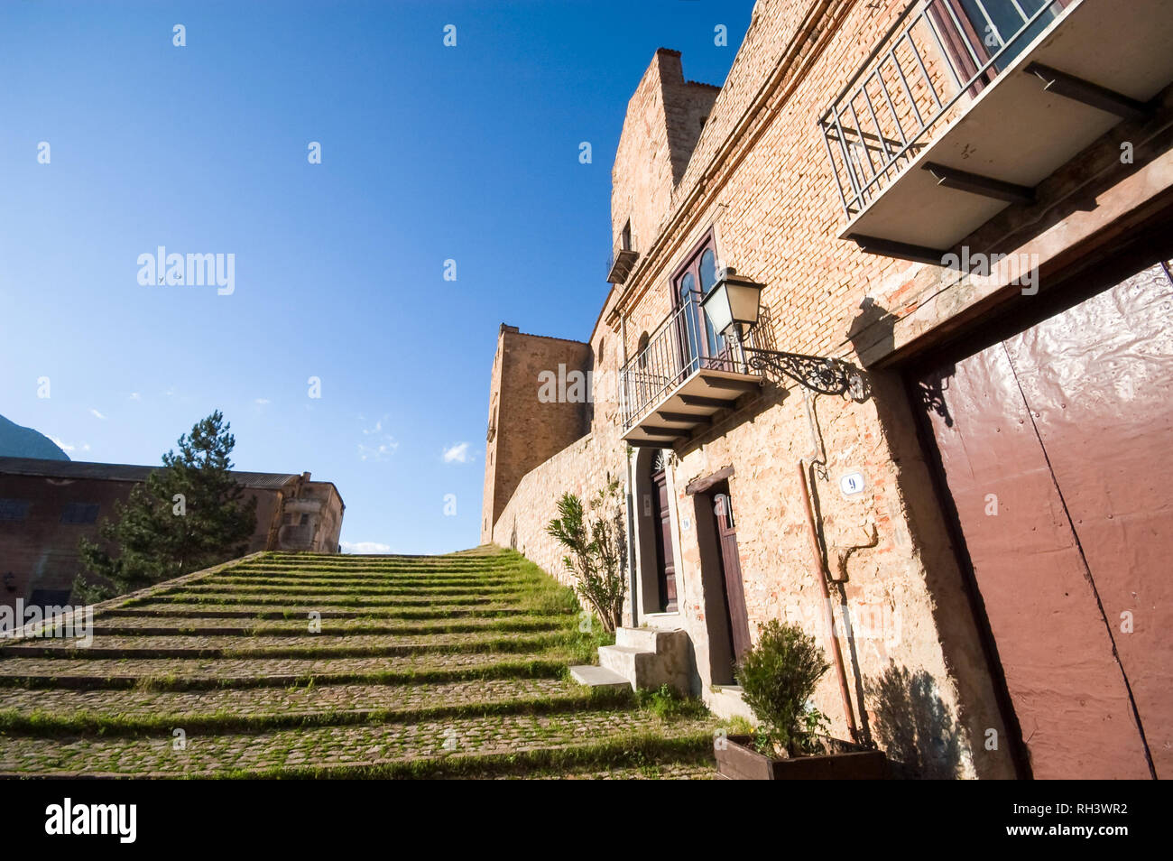 Stairs to the Castello di Castelbuono, also known as Castello dei Ventimiglia. Palermo Province, Sicily. Stock Photo