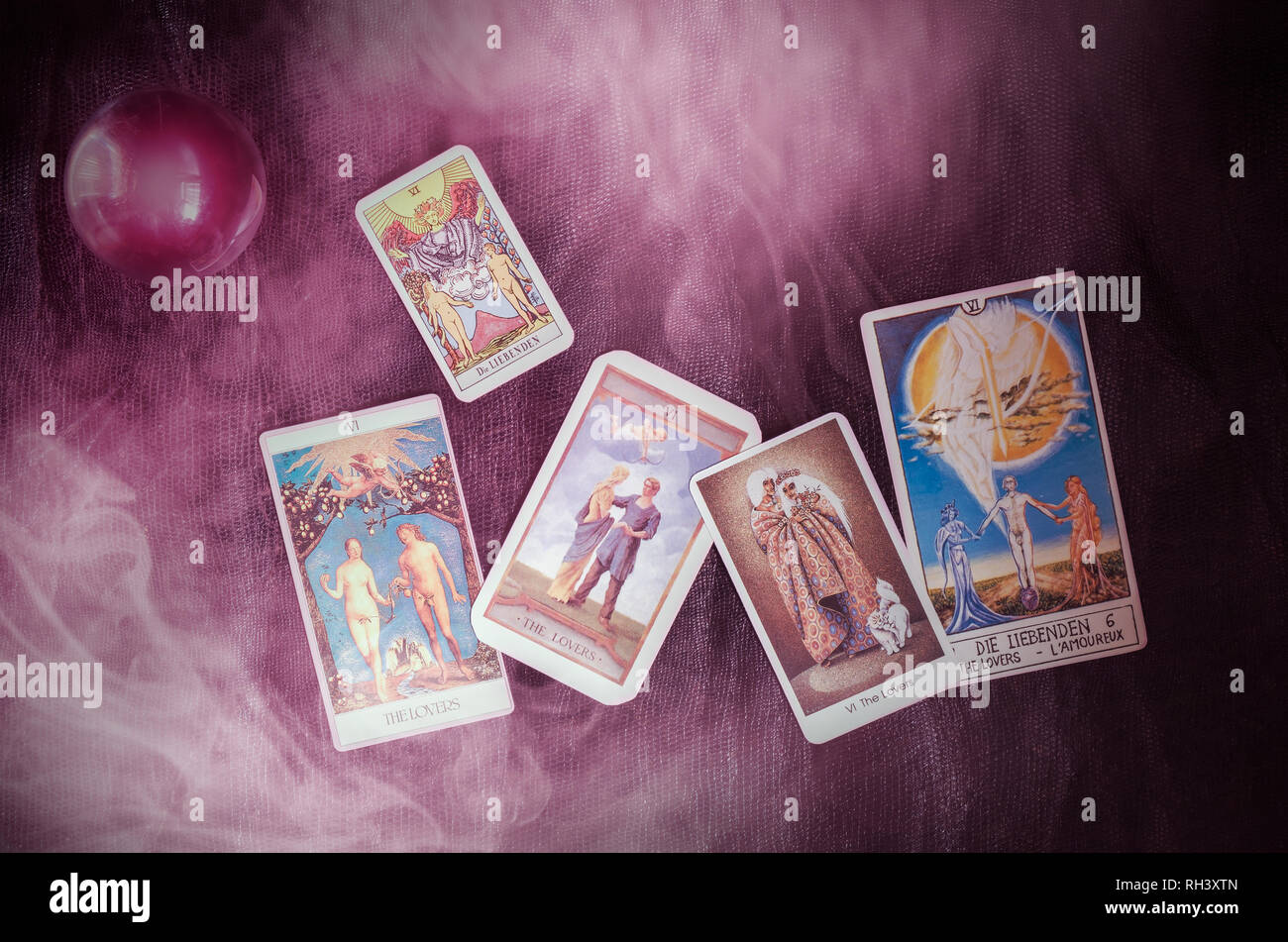 View of tarot card on the table. The Lover. Stock Photo