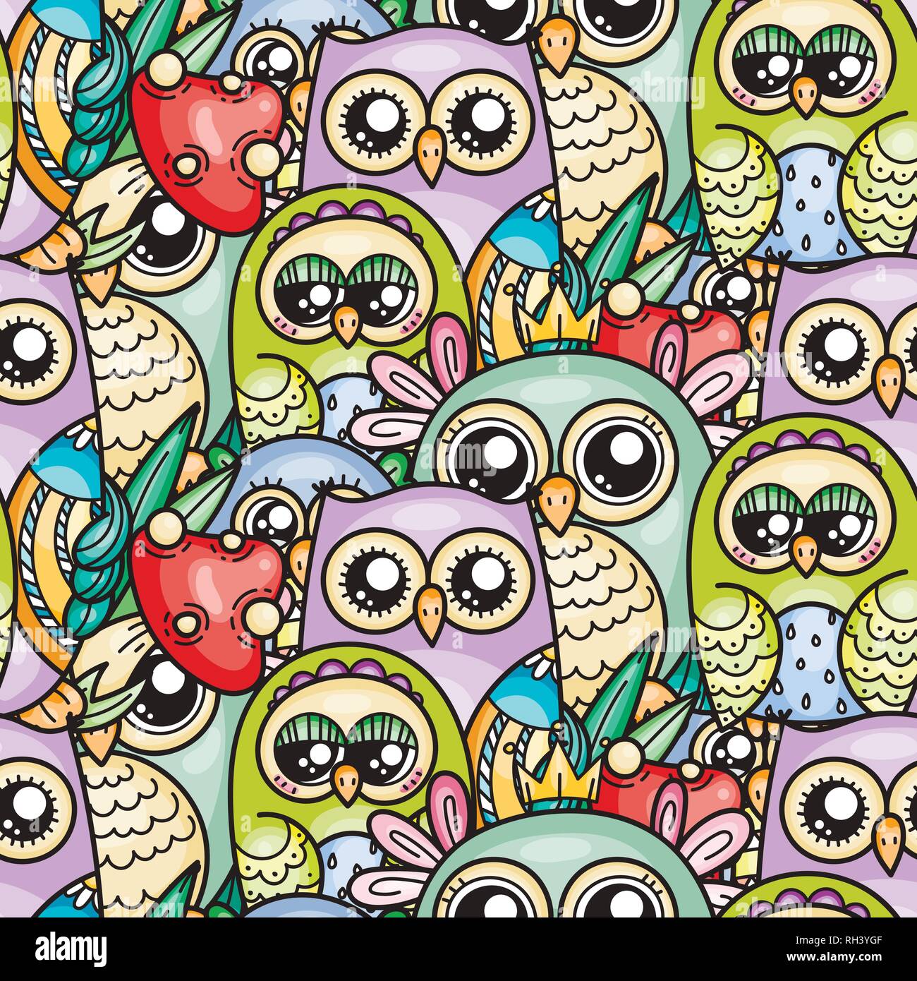 Seamless pattern with cute cartoon owls and furry owlets in pastel ...