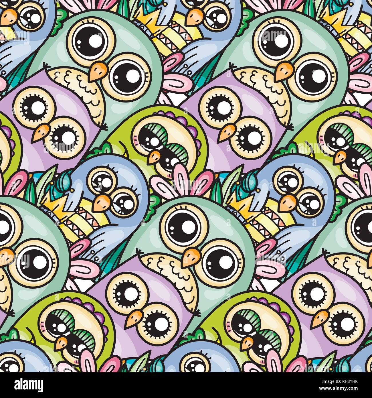 Seamless pattern with cute cartoon owls and furry owlets in pastel ...