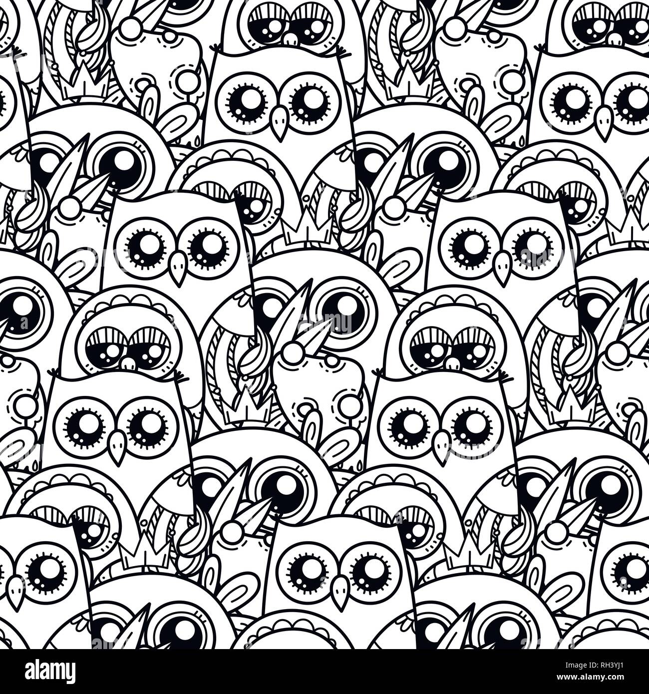 Seamless pattern with cute cartoon owls and furry owlets in pastel ...