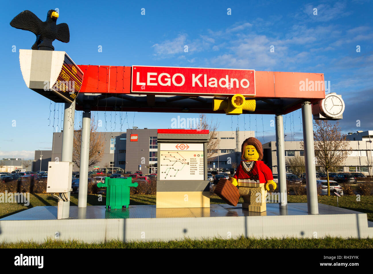 KLADNO, CZECH REPUBLIC - DECEMBER 4 2018: Brick models in front of the Lego Group company production factory building on December 4, 2018 in Kladno, C Stock Photo