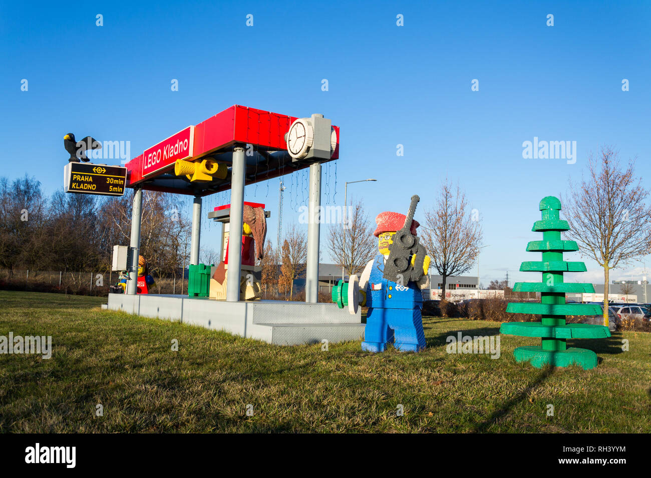 KLADNO, CZECH REPUBLIC - DECEMBER 4 2018: Brick models in front of the Lego Group company production factory building on December 4, 2018 in Kladno, C Stock Photo