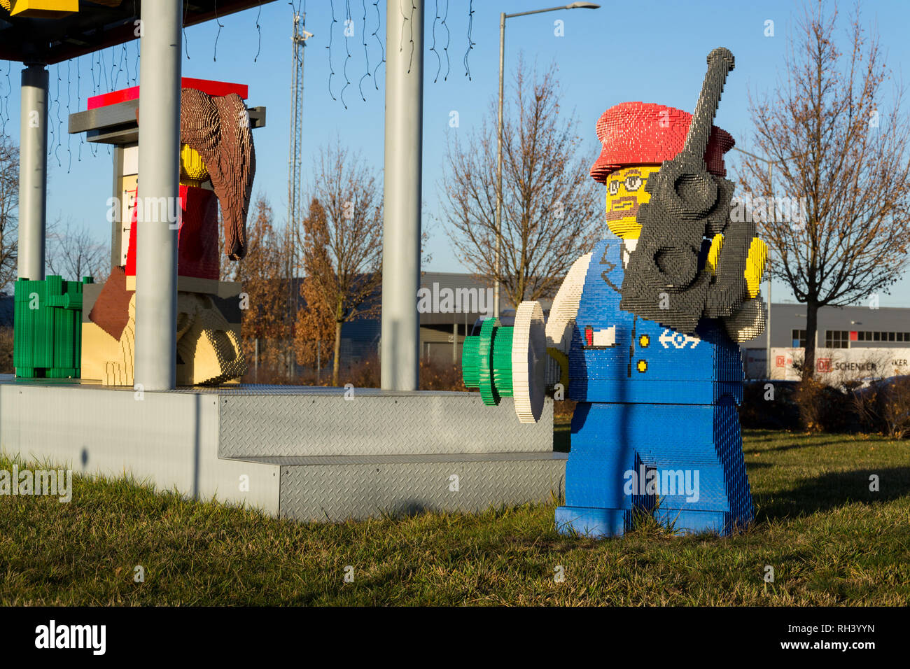 KLADNO, CZECH REPUBLIC - DECEMBER 4 2018: Brick models in front of the Lego Group company production factory building on December 4, 2018 in Kladno, C Stock Photo