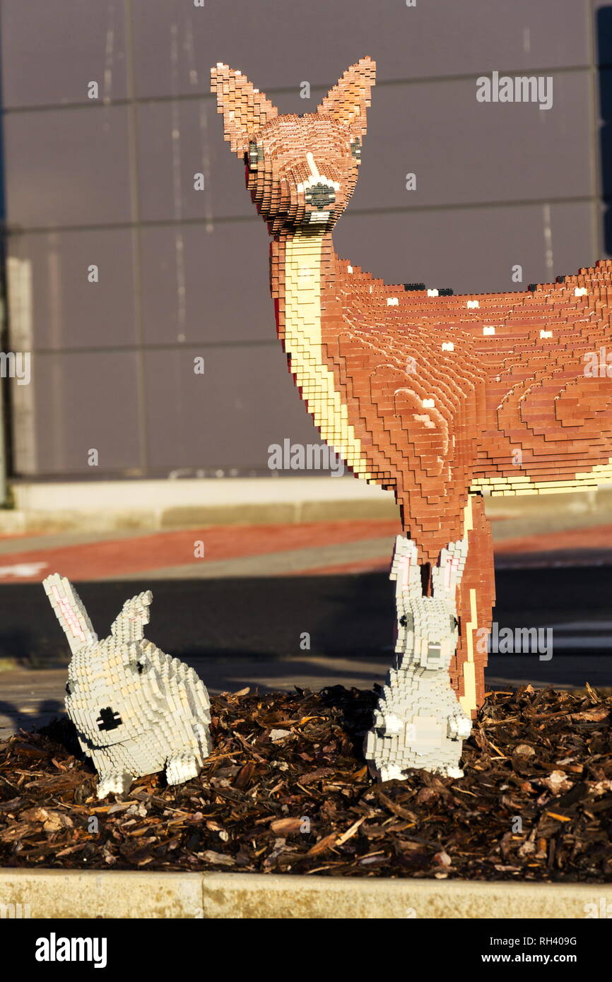 KLADNO, CZECH REPUBLIC - DECEMBER 4 2018: Brick models in front of the Lego Group company production factory building on December 4, 2018 in Kladno, C Stock Photo