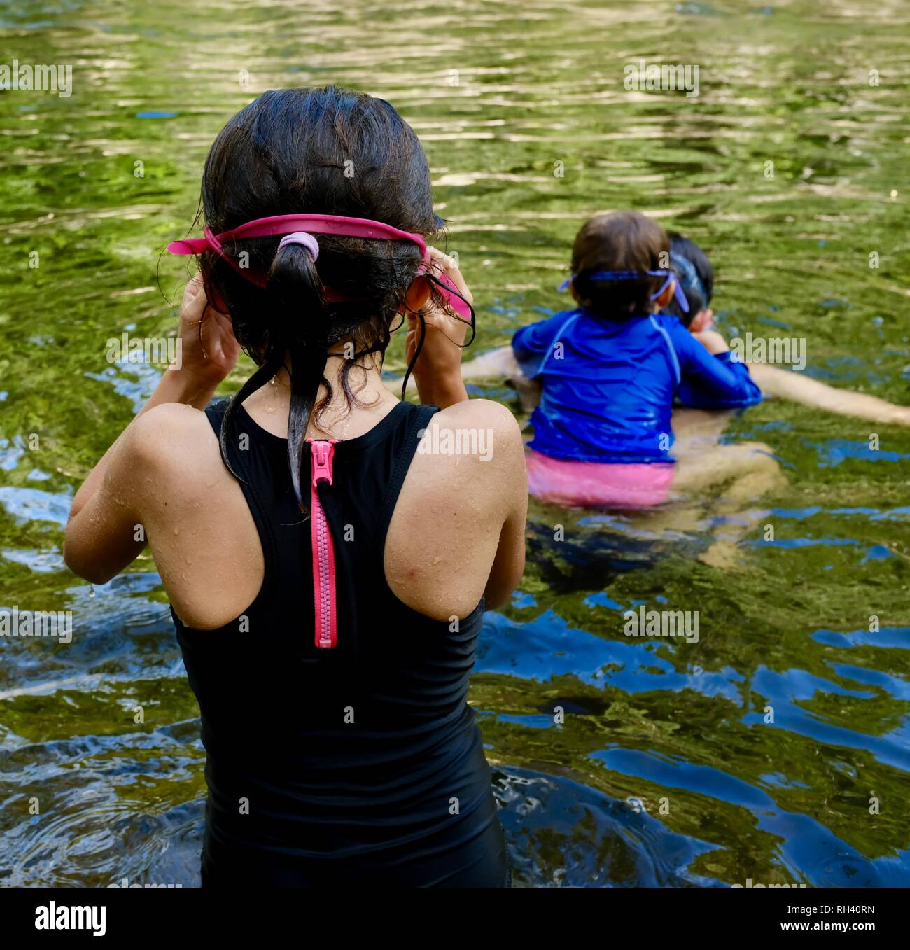 Mother swimming with daughter on back, Finch Hatton, Queensland 4756, Australia Stock Photo