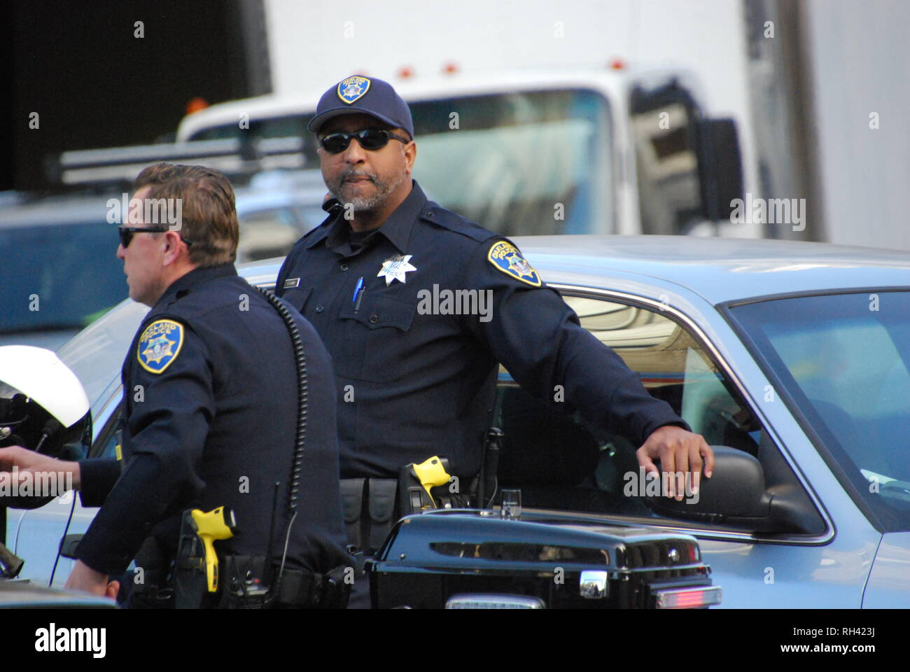 Oakland police Officer Erich Cumby providing security outside a Kamala Harris for President rally in downtown Oakland on Jan. 27, 2019. Stock Photo